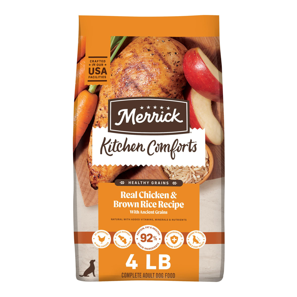 Merrick emballage face montrant recette poulet et riz brun, rassurant