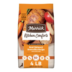Merrick emballage face montrant recette poulet et riz brun, rassurant