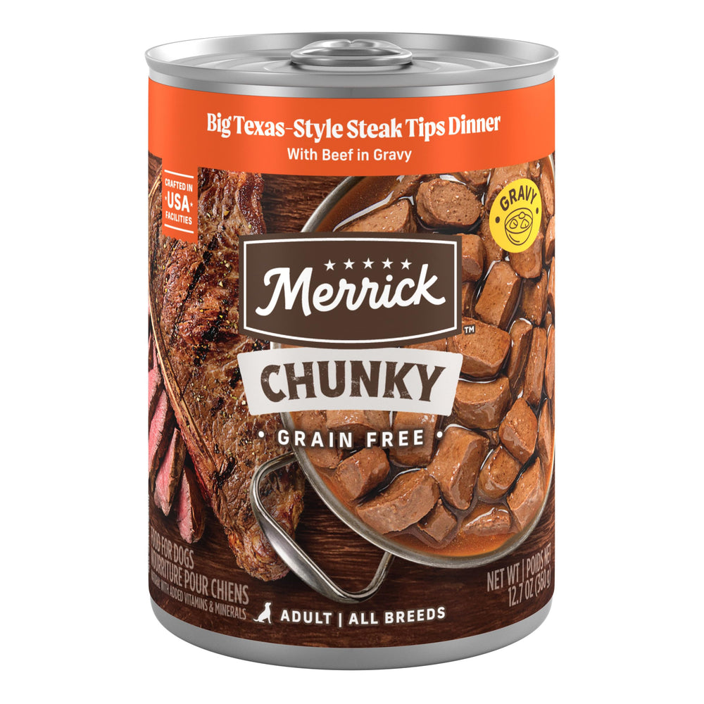 Merrick face de la boîte Big Texas Steak Tips montrant l’étiquette claire