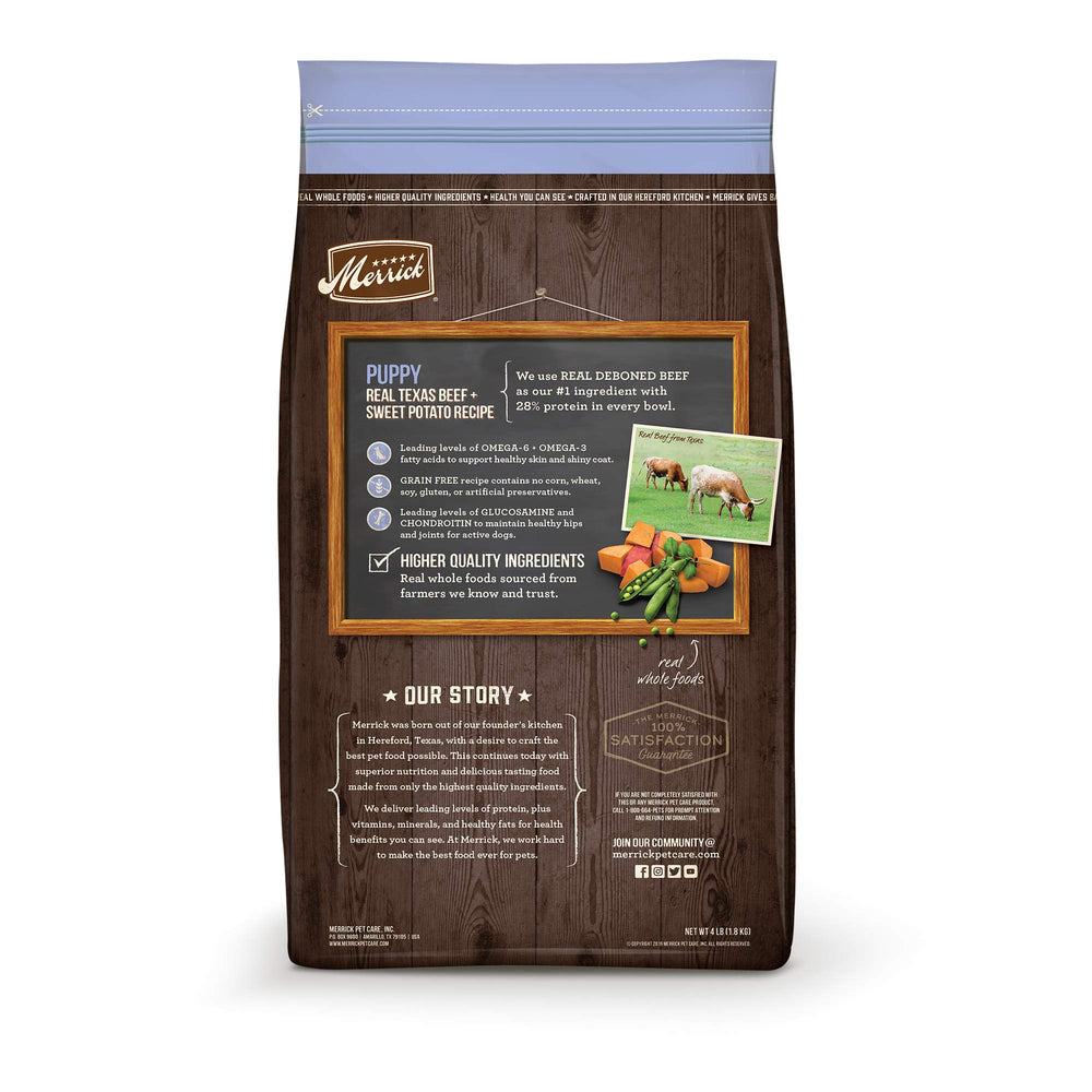 Merrick gros plan sur kibble montrant texture et appétence pour chiots