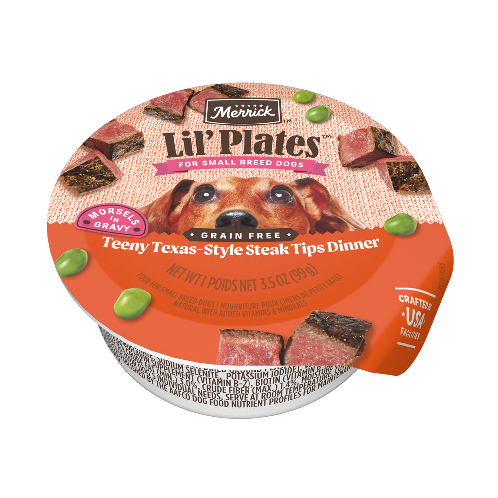 Merrick emballage avant montrant la recette Teeny Texas Steak Tips et bénéfice appétence