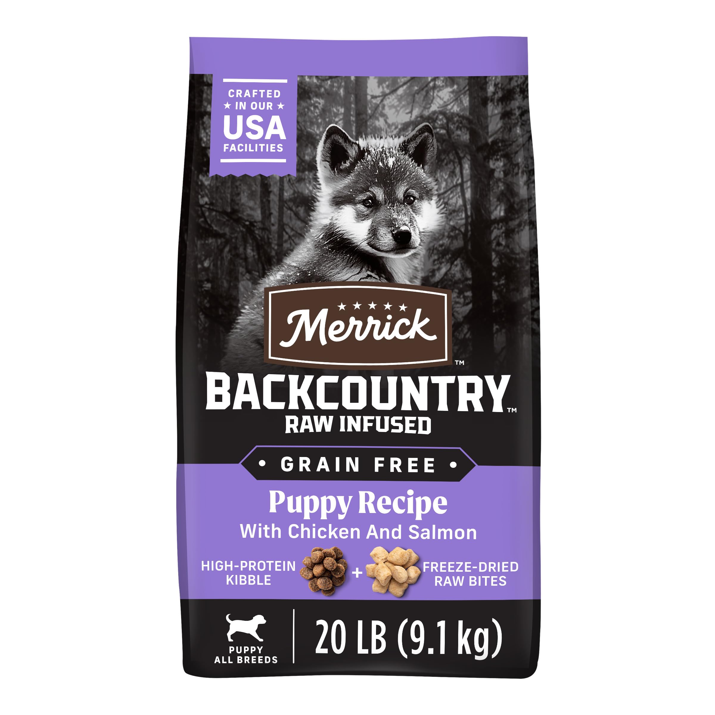 Merrick emballage 20 lb face montrant formulation sans céréales et bénéfice protéique