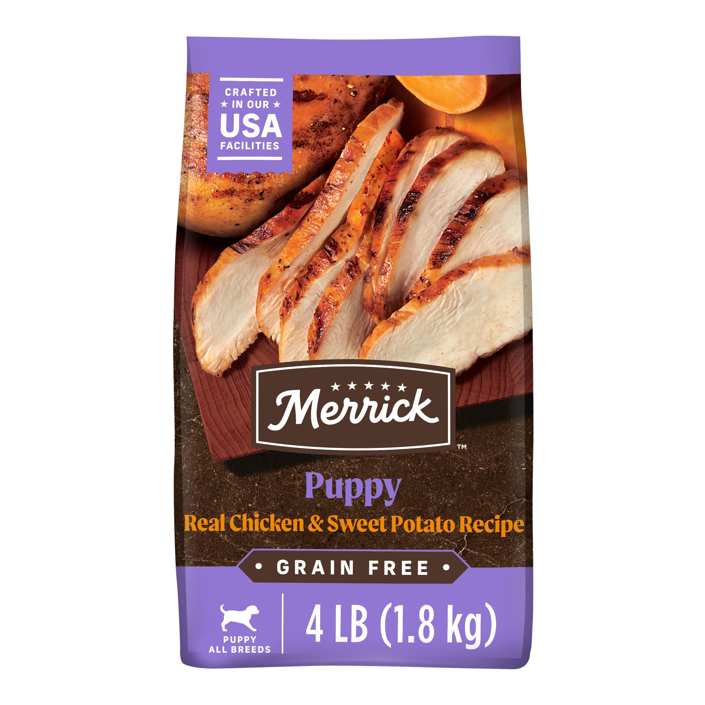 Merrick emballage frontal montrant recette poulet et patate douce, rassurant