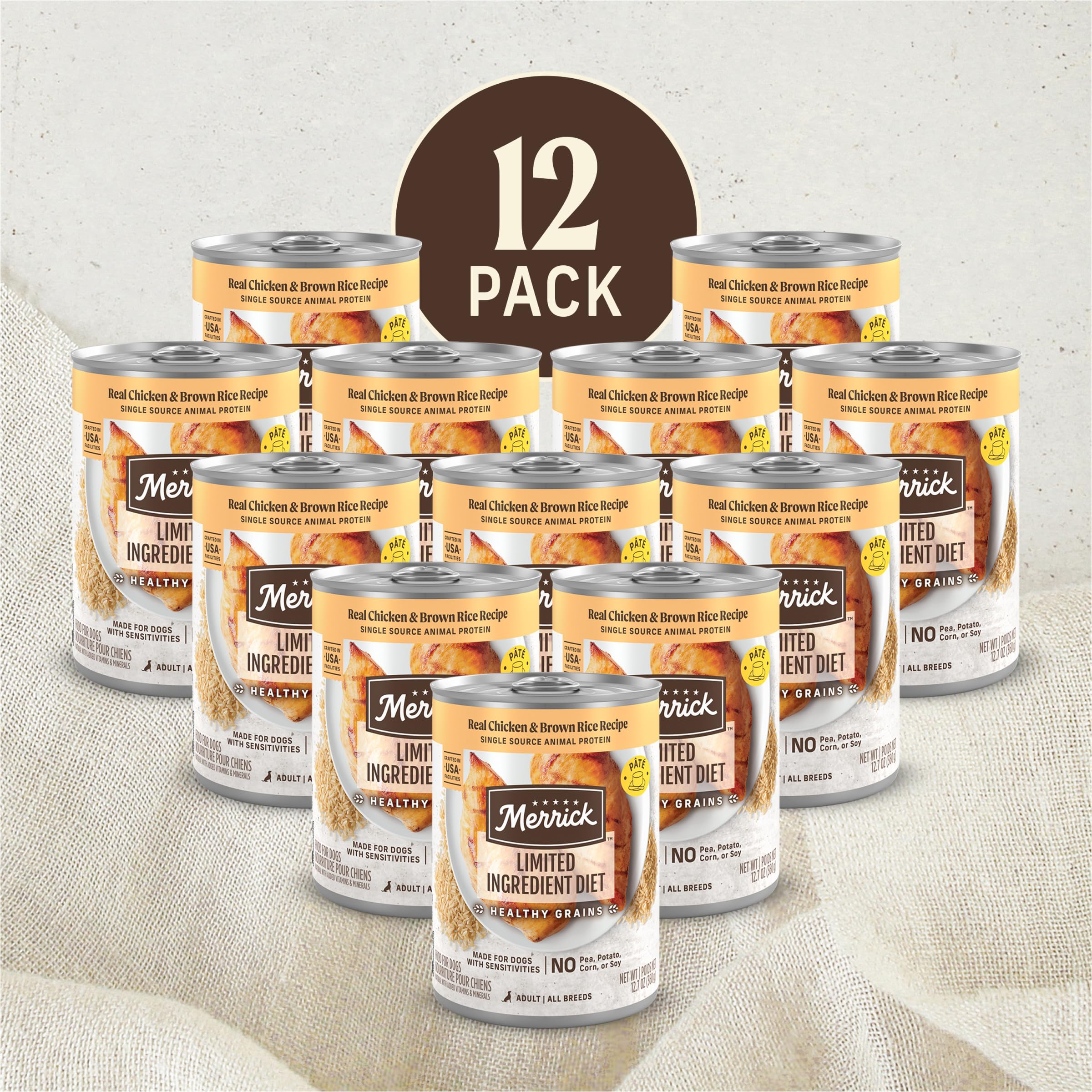 Merrick vue arrière de l'étiquette, informations nutritionnelles visibles