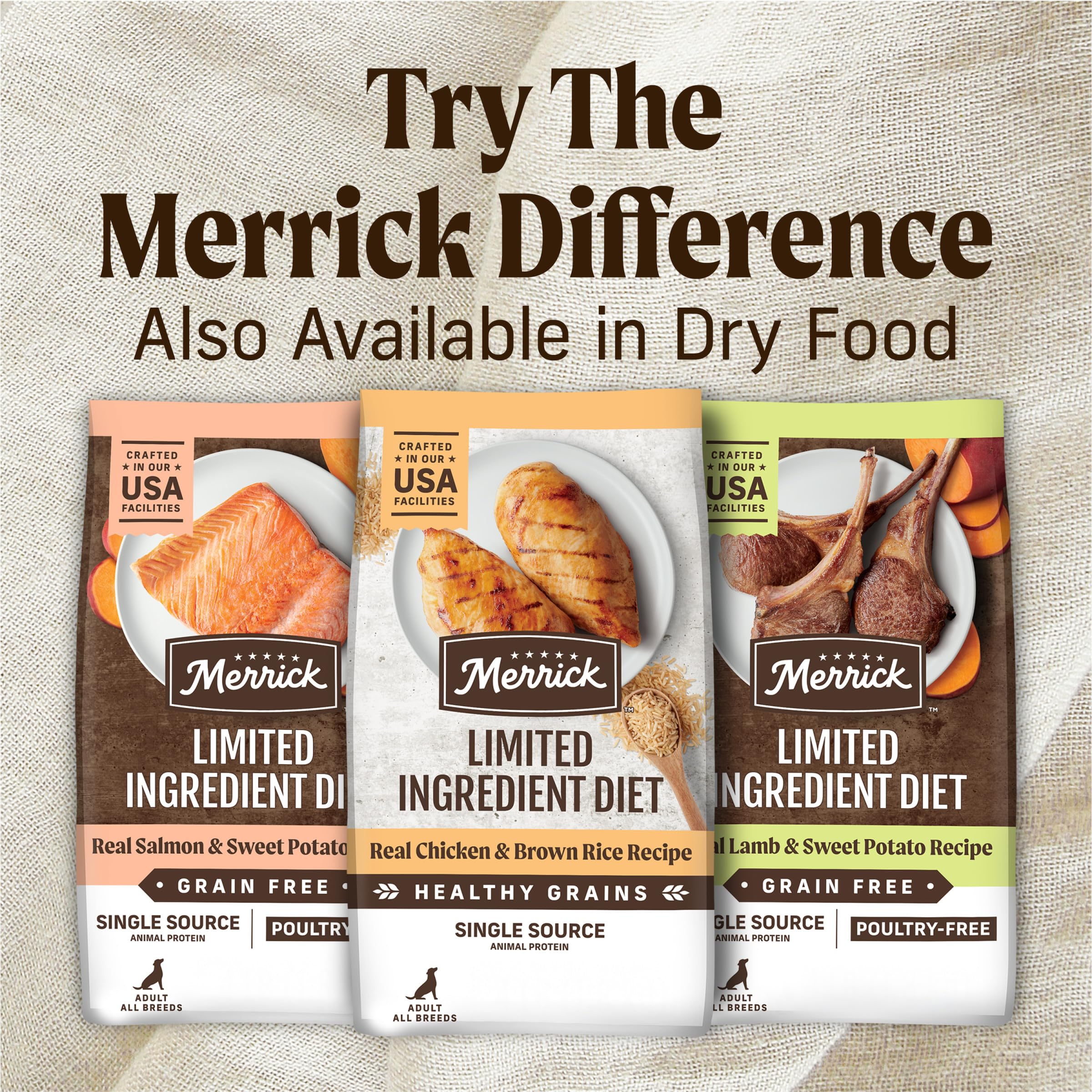 Merrick ingrédients: riz brun et avoine mis en valeur pour digestibilité
