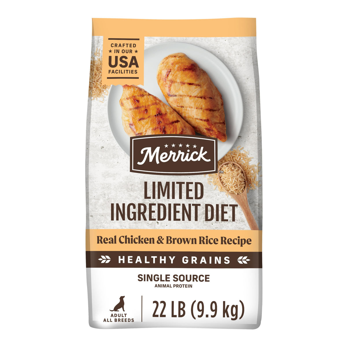 Merrick emballage avant montrant recette poulet et riz, assure qualité simple