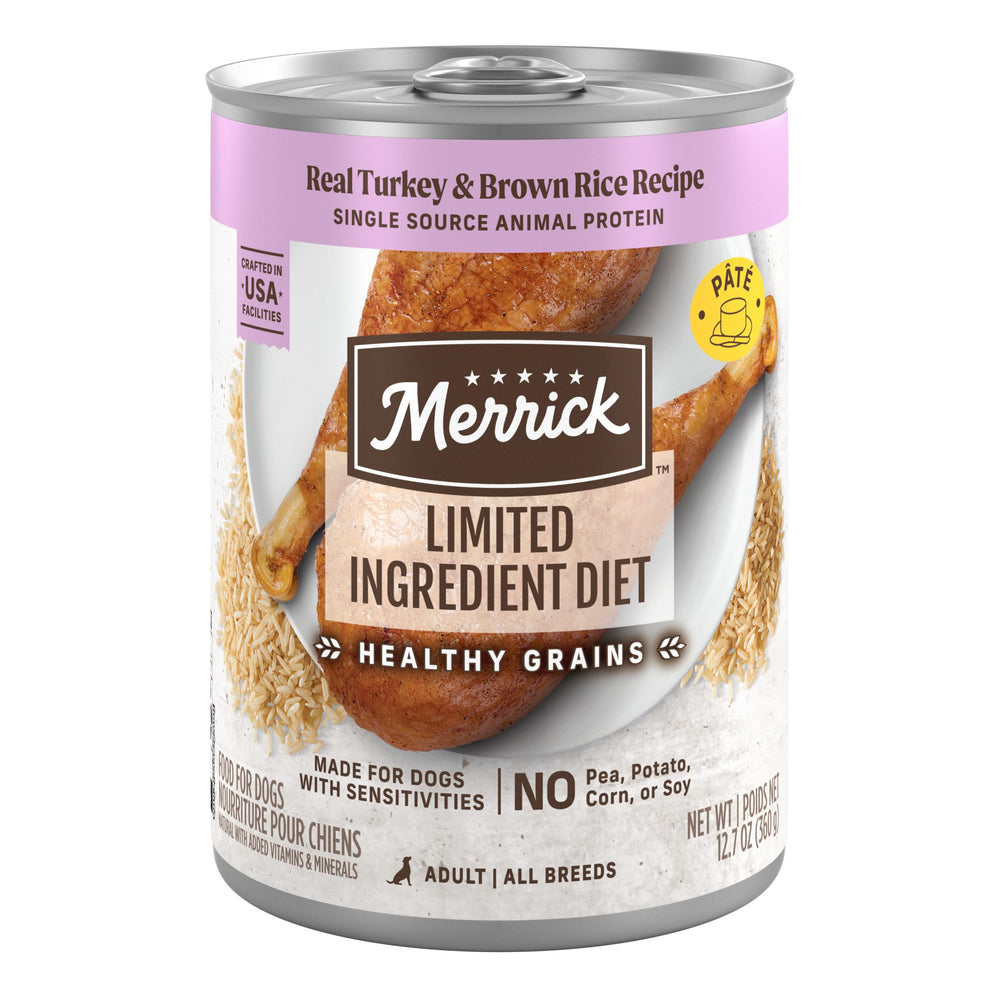 Merrick face avant de la boîte montrant la saveur dinde et riz brun