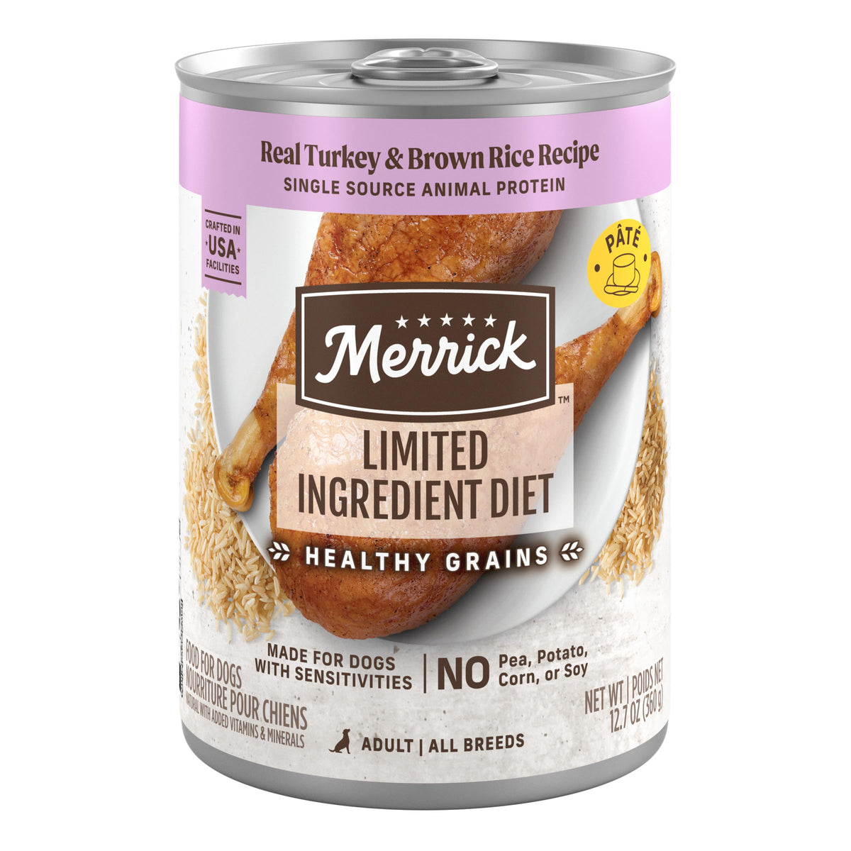 Merrick face avant de la boîte montrant la saveur dinde et riz brun