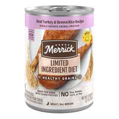 Merrick face avant de la boîte montrant la saveur dinde et riz brun