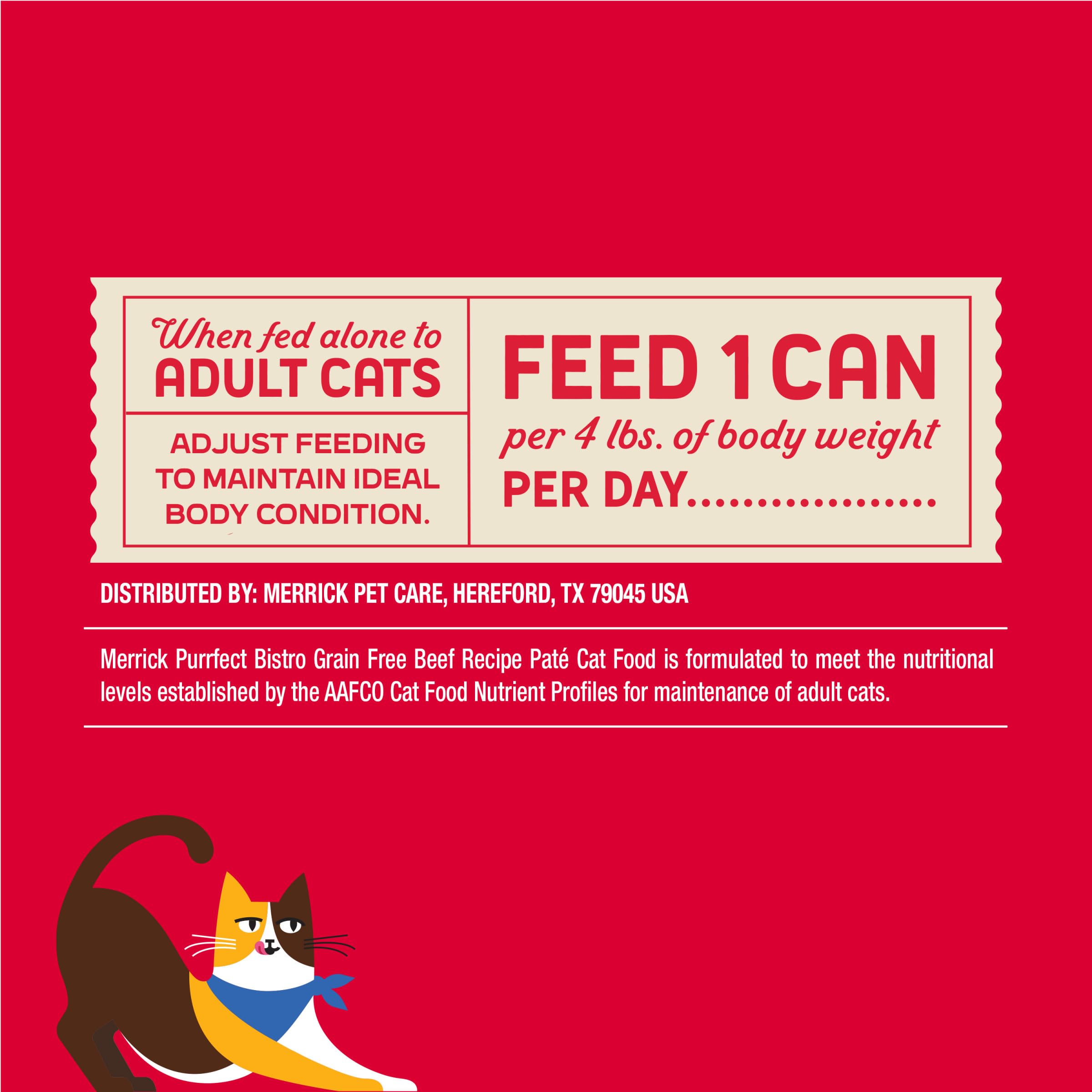 Chat mangeant Merrick montrant satisfaction et acceptation de la recette