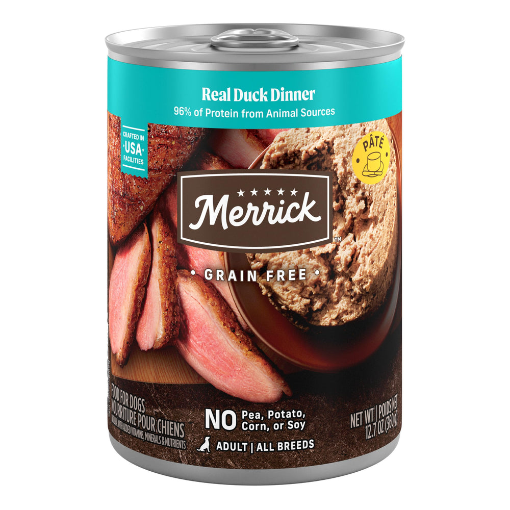 Merrick boîte frontale montrant la recette Real Duck bénéfice appétence