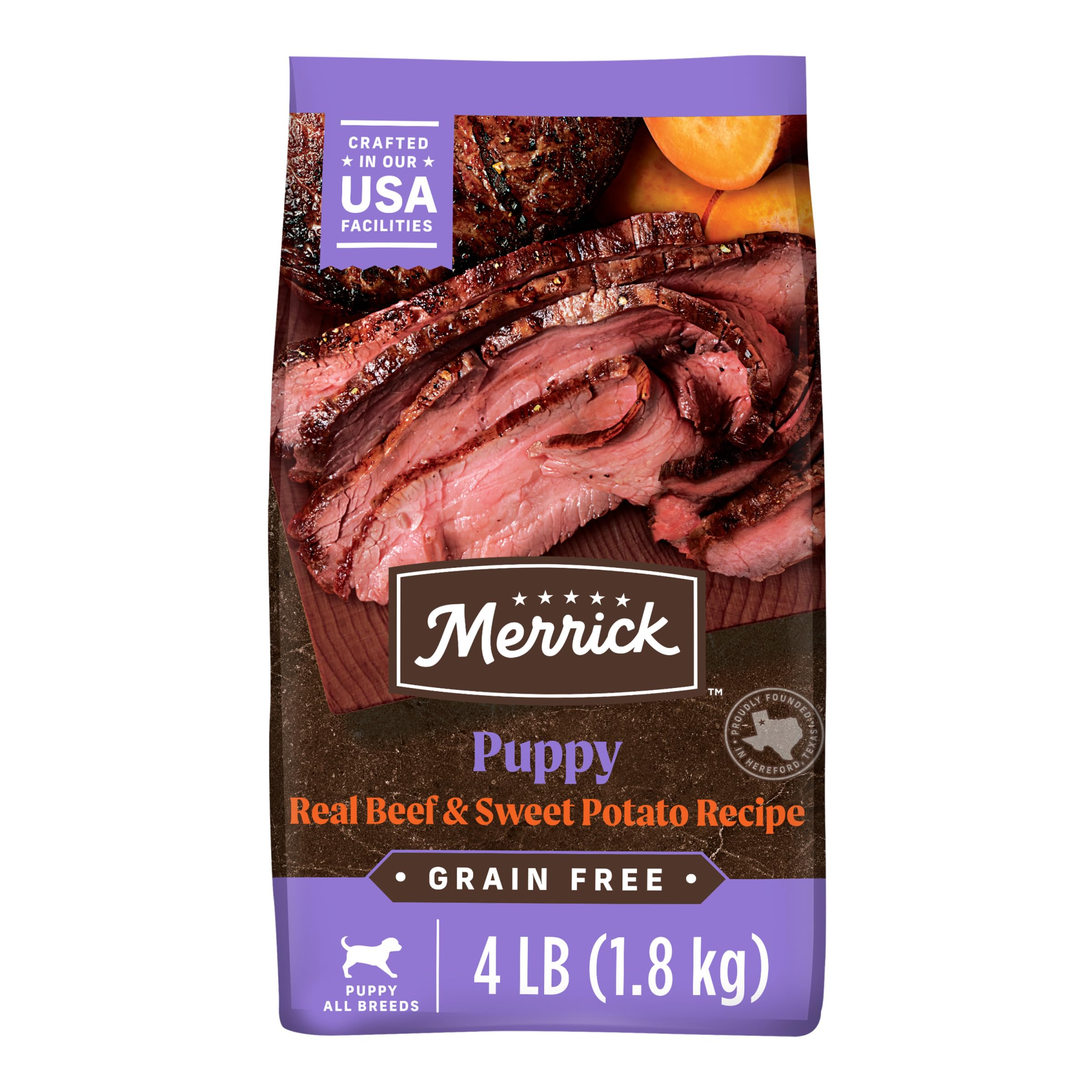 Merrick sac avant montrant recette bœuf et patate douce et bénéfice nutritionnel