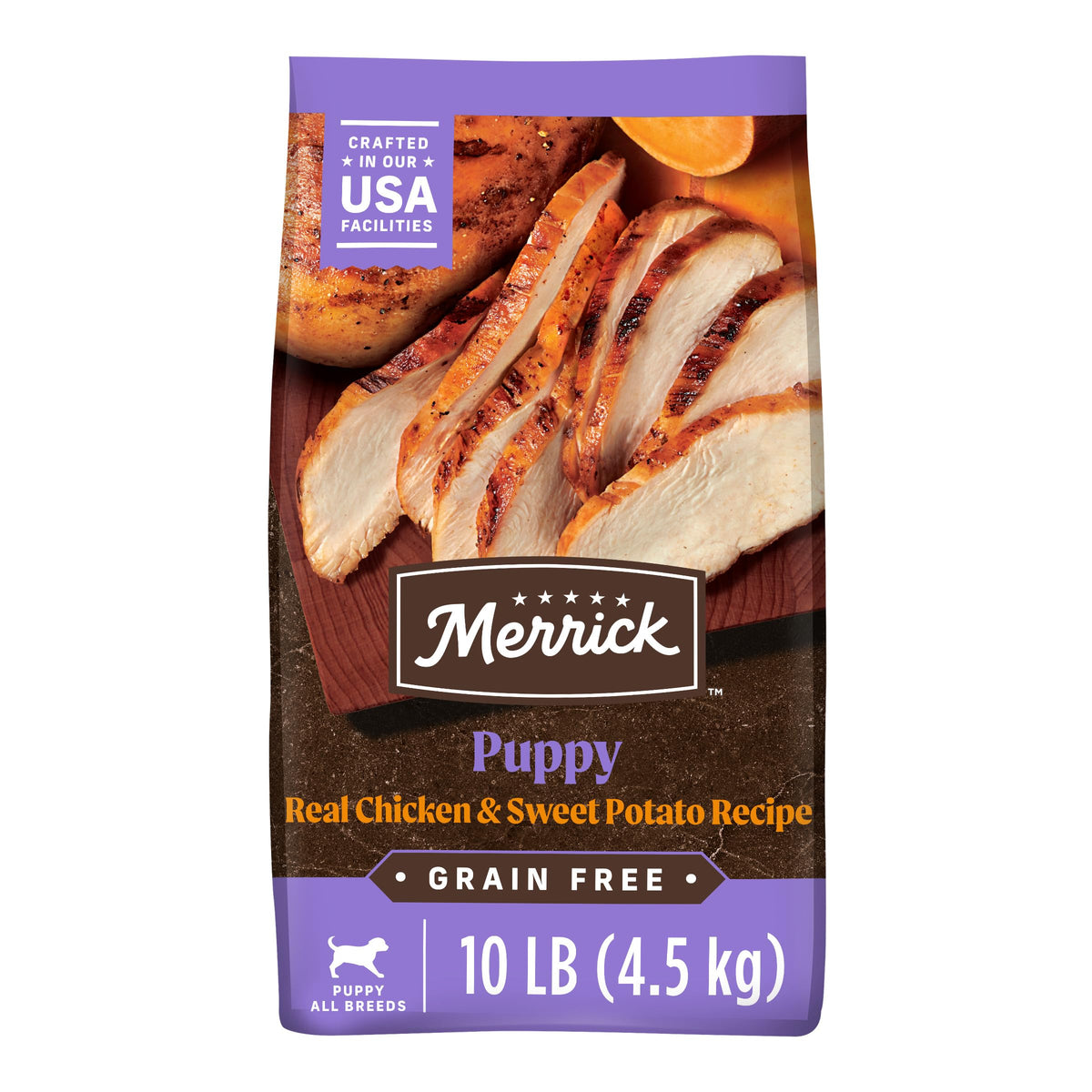 Merrick sac avant montrant recette poulet patate douce et bénéfice nutritionnel
