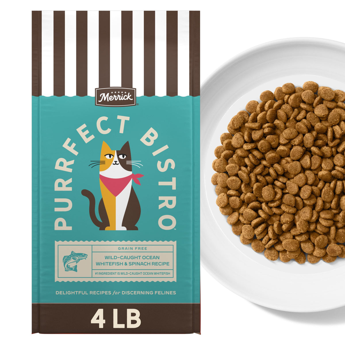 Merrick sachet avant montrant la recette whitefish et épinards bénéfice appétence