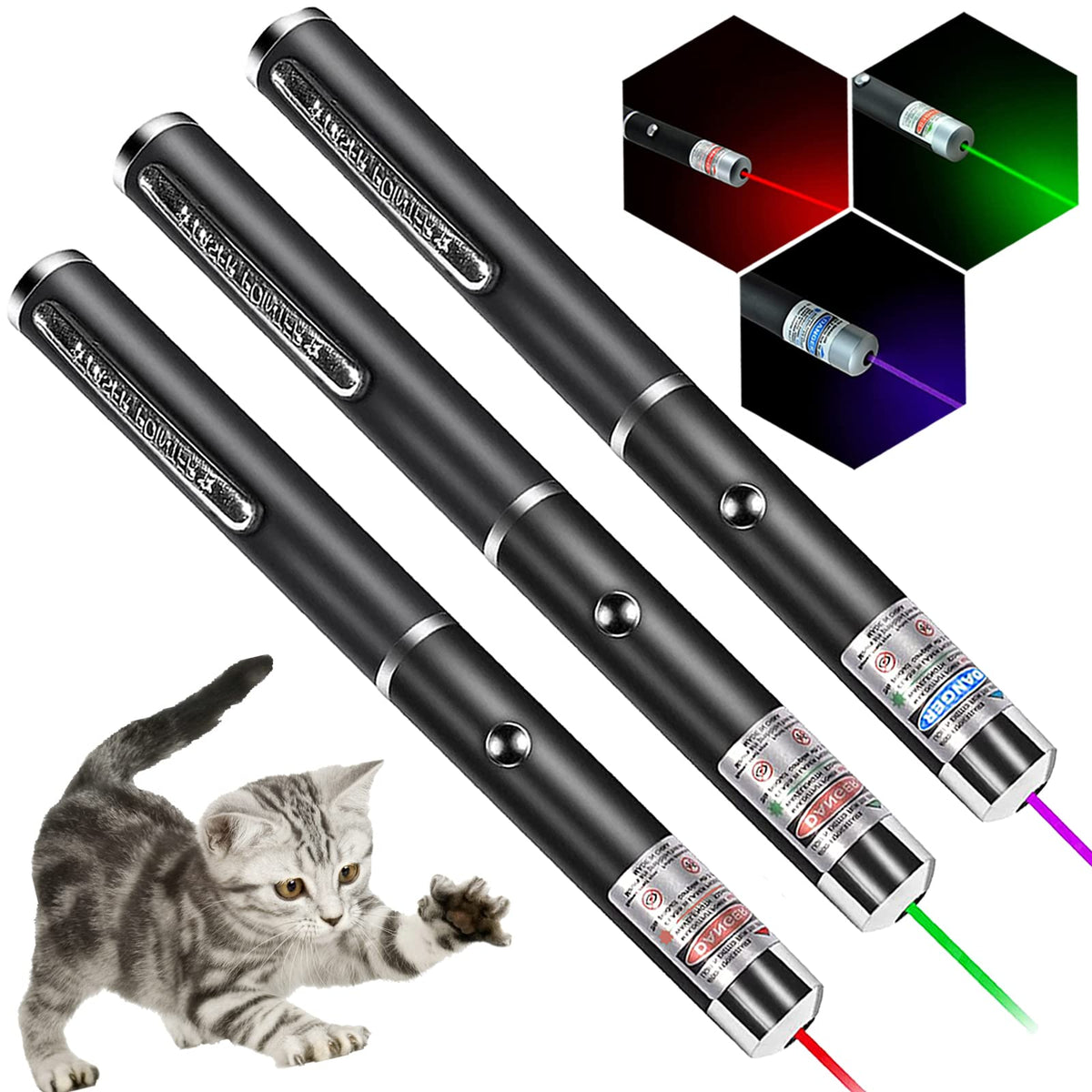 MEUSNo stylo laser pack face montrant les trois couleurs et portabilité
