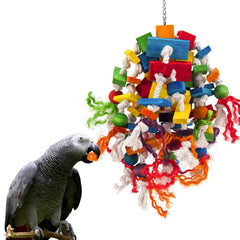 MEWTOGO vue frontale du jouet perroquet montrant les blocs colorés et la forme accrocheuse