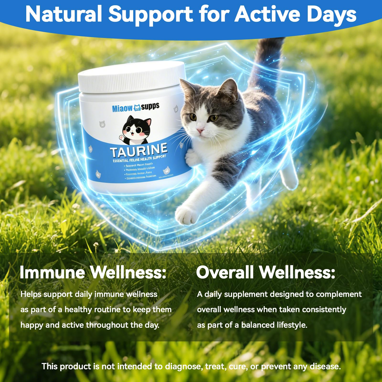 MIAOW SUPPS balance et cuillère illustrant le dosage précis recommandé