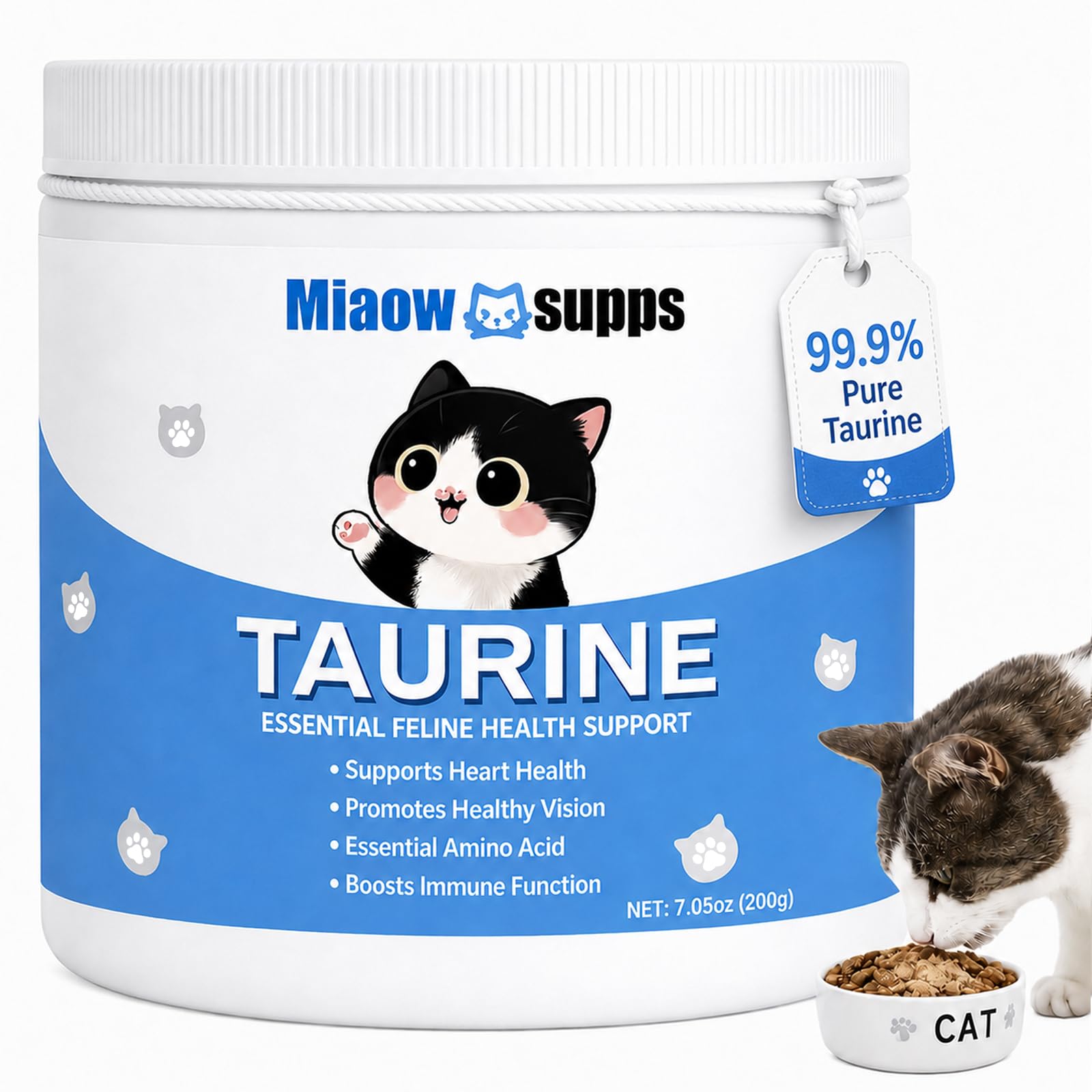MIAOW SUPPS pot vue avant montrant le format pratique pour stocker