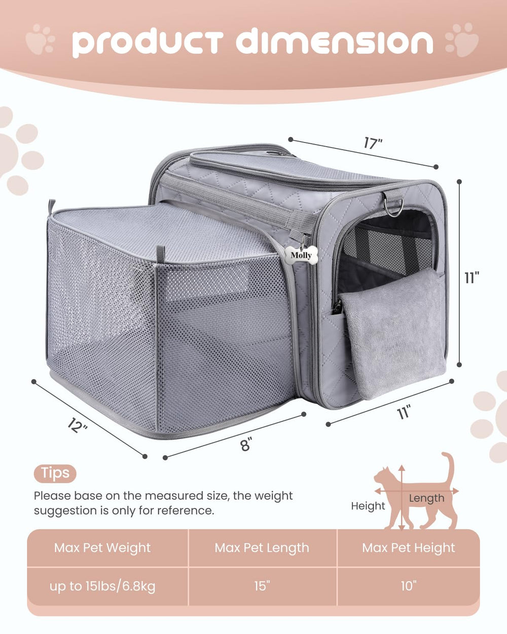 MIDOG comparaison de taille montrant capacité pour chats jusqu'à 15 lb