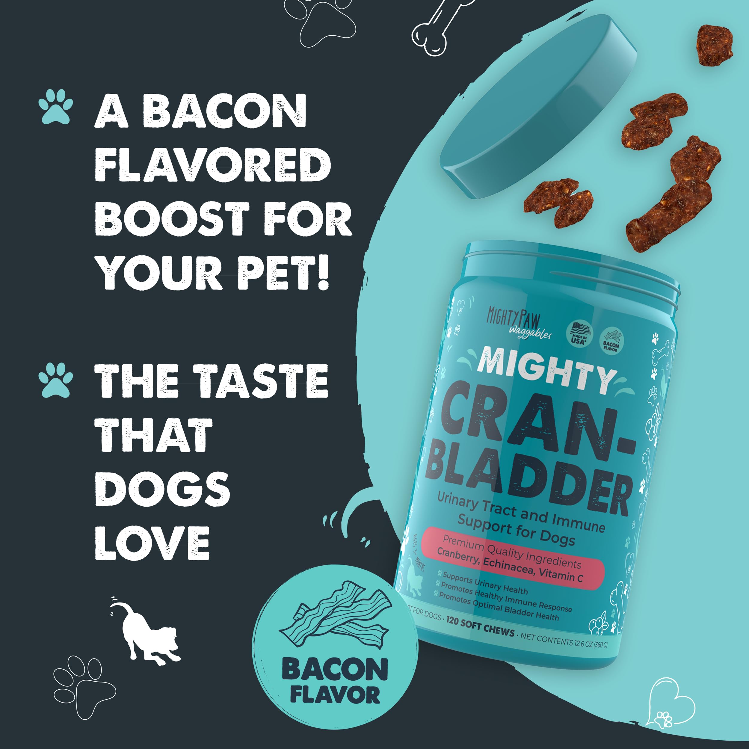 Mighty Paw comparaison taille pastille montrant portion adaptée selon poids