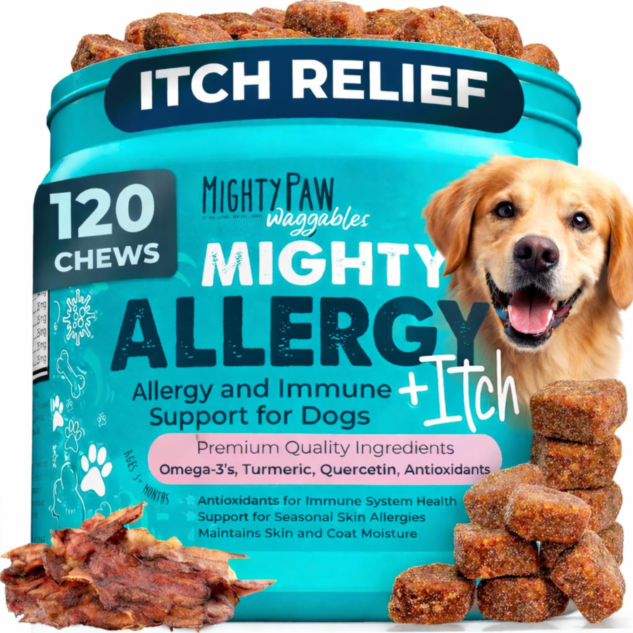 Mighty Paw pot de 120 chews front, visualisation du format pratique