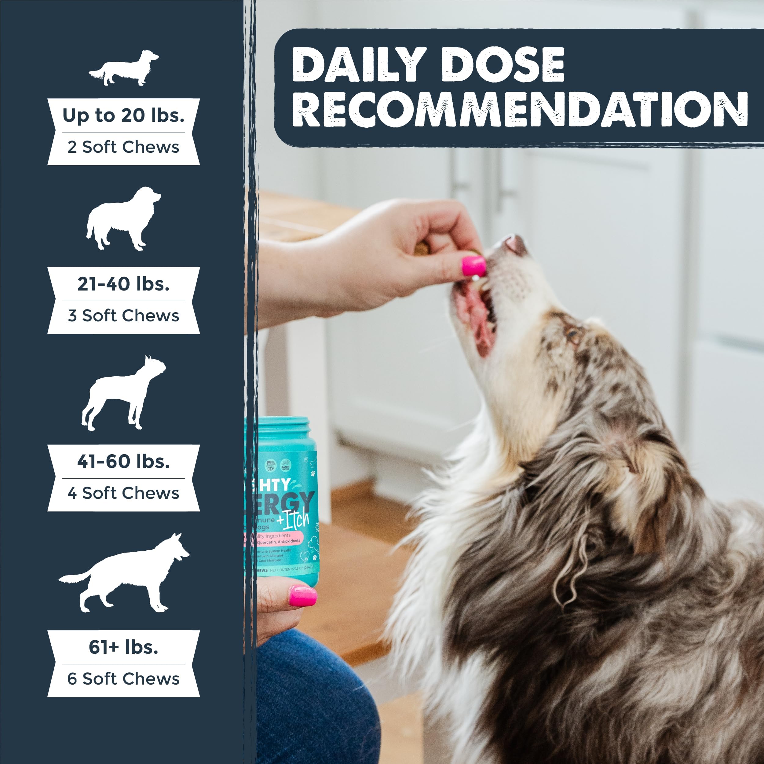 Mighty Paw étiquette lisible indiquant composition et dosage recommandé