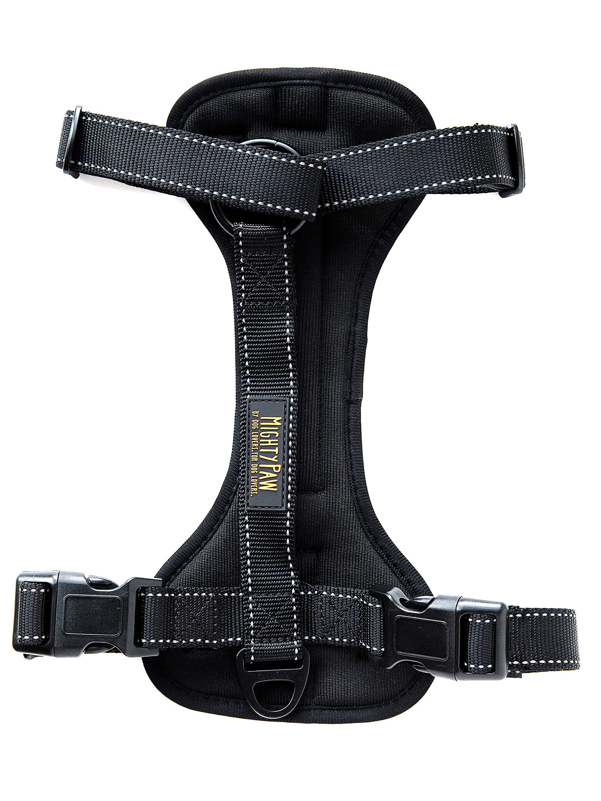 Mighty Paw harnais avant packaging montrant design et points d'attache pour sécurité