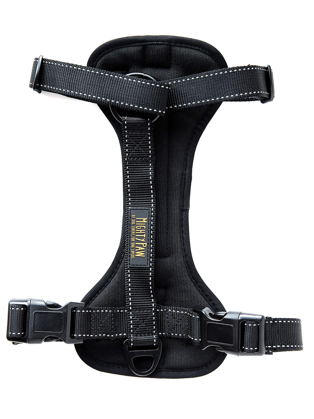 Mighty Paw harnais avant packaging montrant design et points d'attache pour sécurité