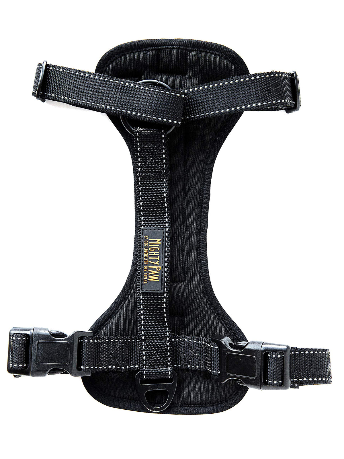 Mighty Paw harnais avant packaging montrant design et points d'attache pour sécurité