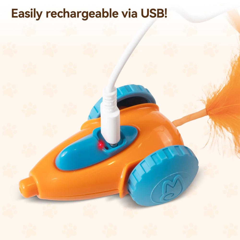 Migipaws MigiCar emballage et câble de charge montrant praticité rechargeable
