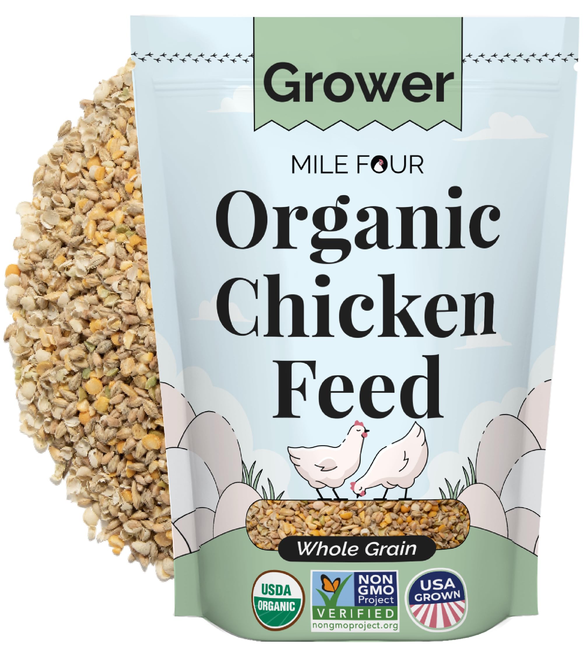 Mile Four emballage avant montrant sac bio, rassure sur origine USA