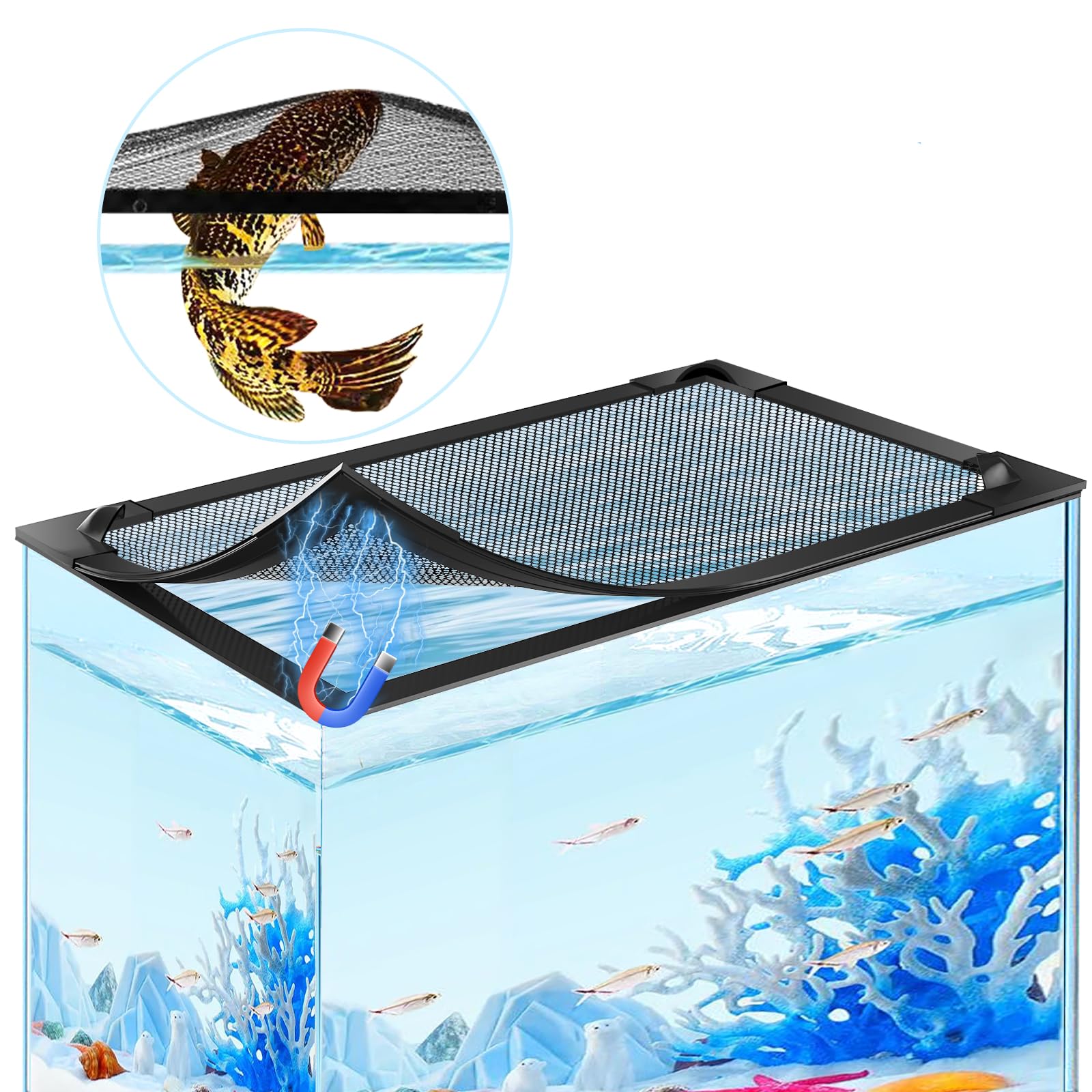 MLEJU couvercle avant posé sur aquarium montrant ajustement sécurisant