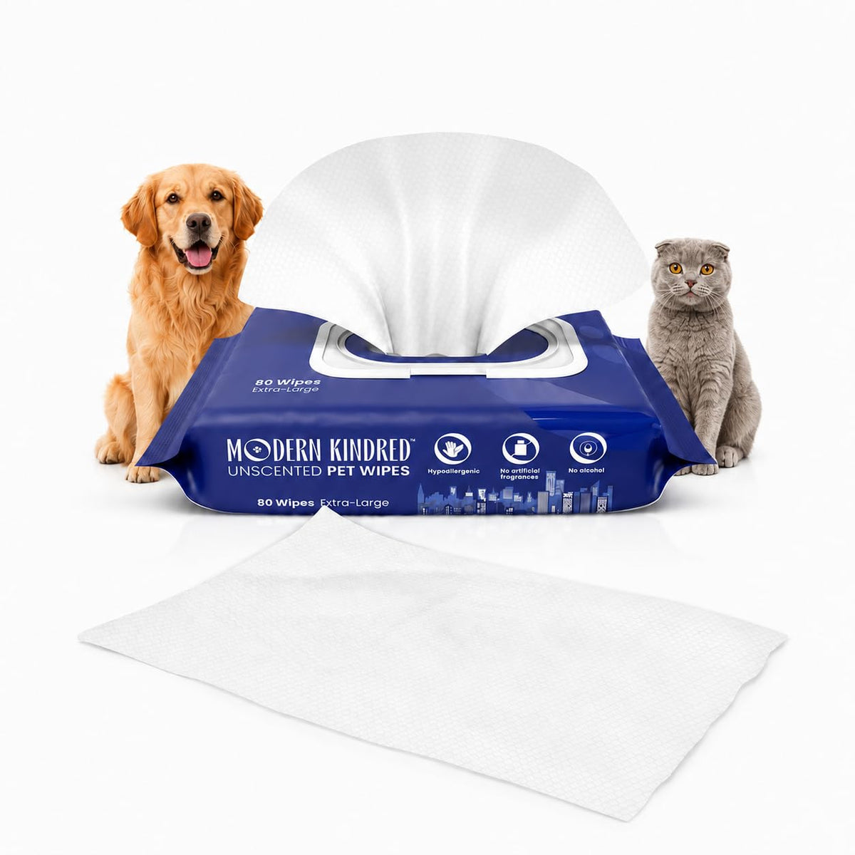 Modern Kindred emballage avant montrant paquet de 80 lingettes, pratique pour rangement