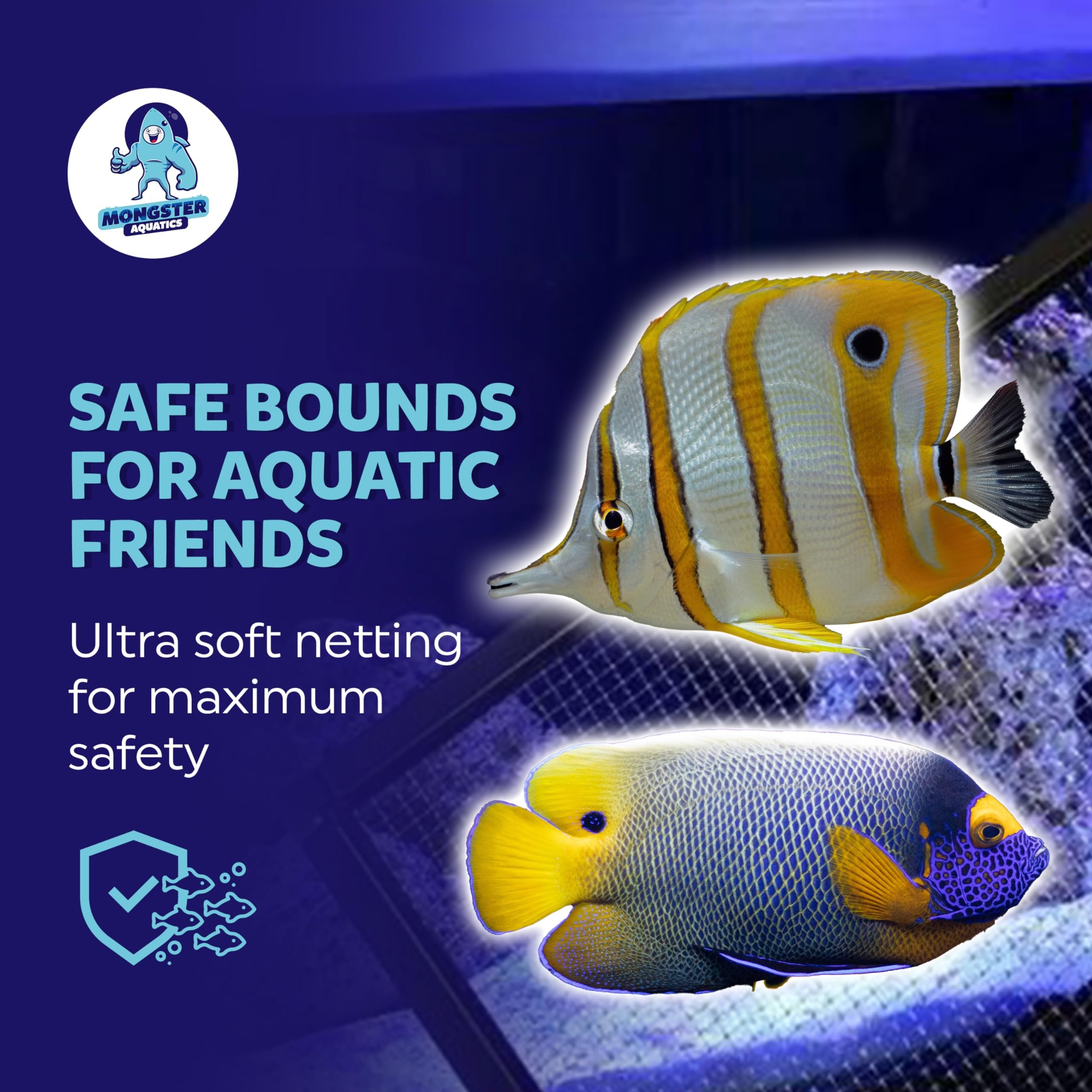 MongsterAquatics emballage et fiche technique montrant compatibilités et usages