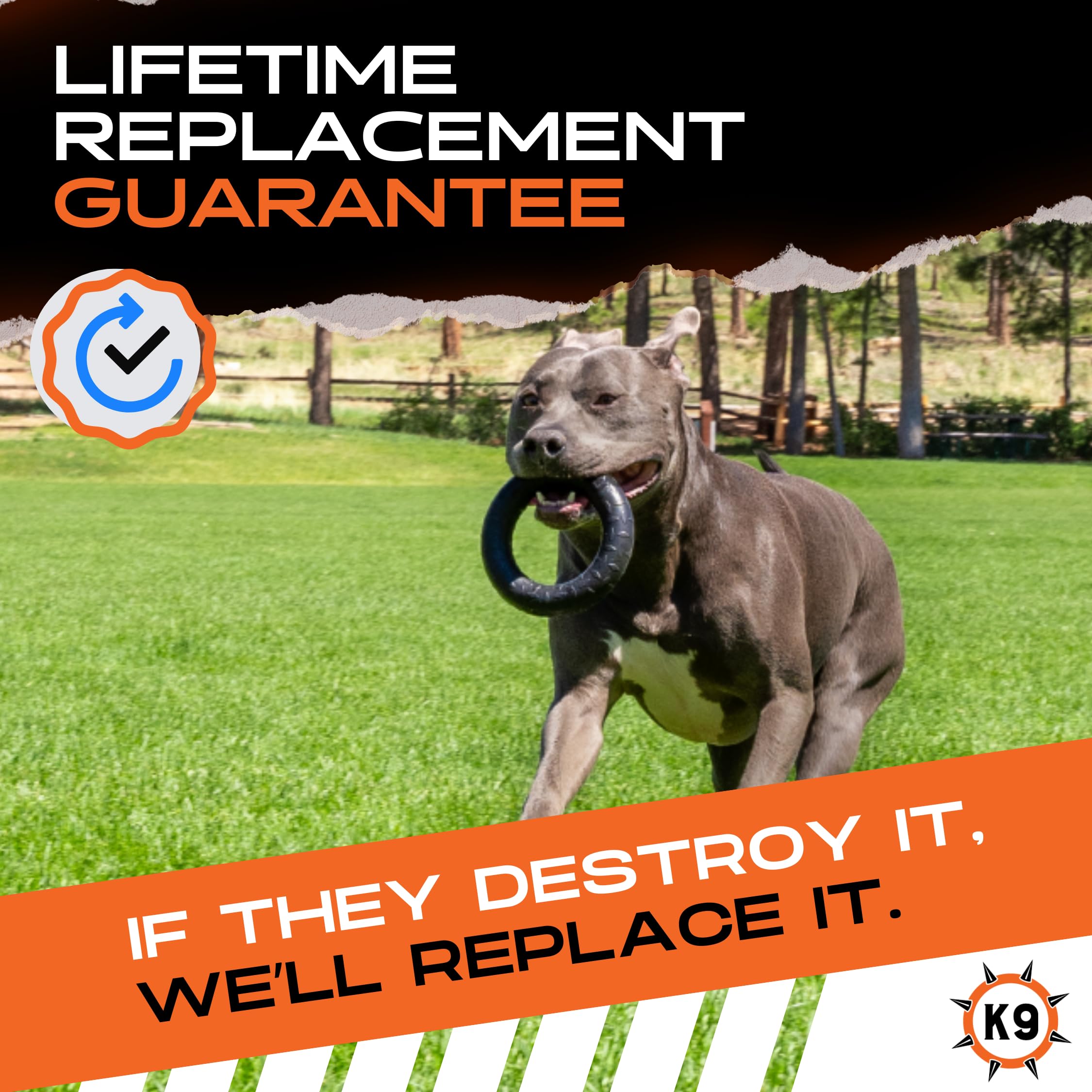 Étiquette du produit Monster K9 Chew Ring montrant l’origine et la composition