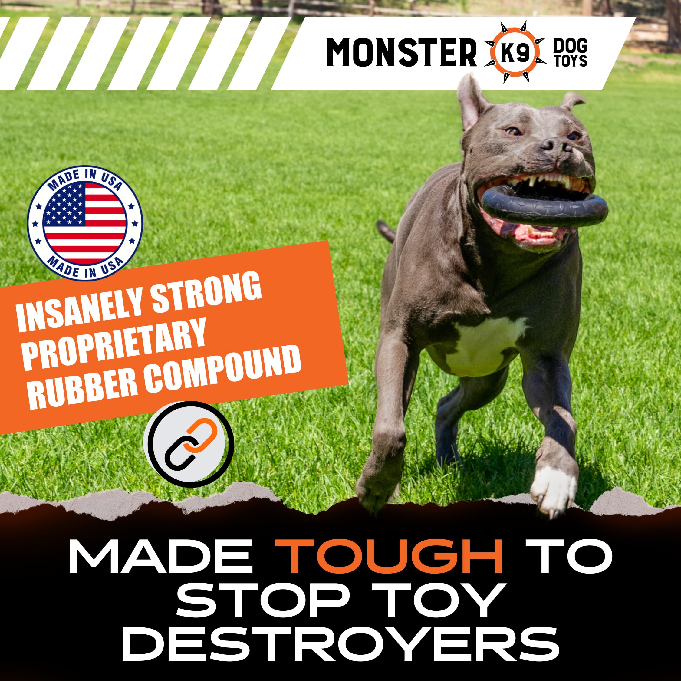Monster K9 Chew Ring posé à côté d’une règle pour montrer les 16,5 cm