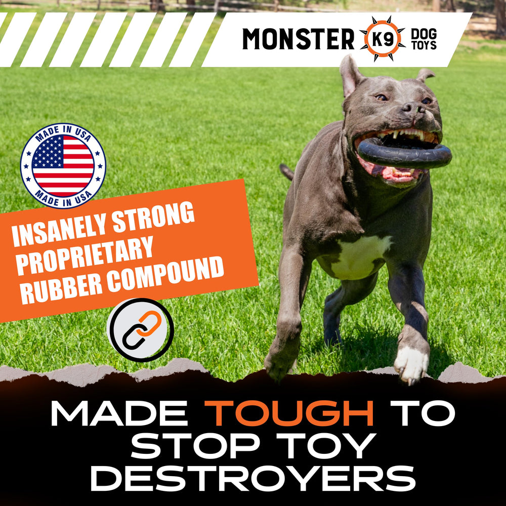 Monster K9 Chew Ring posé à côté d’une règle pour montrer les 16,5 cm