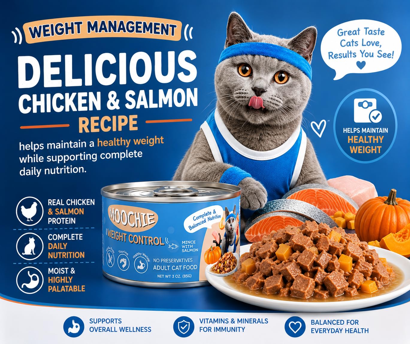 MOOCHIE nourriture servie dans une assiette avec chat mangeant pour acceptation élevée