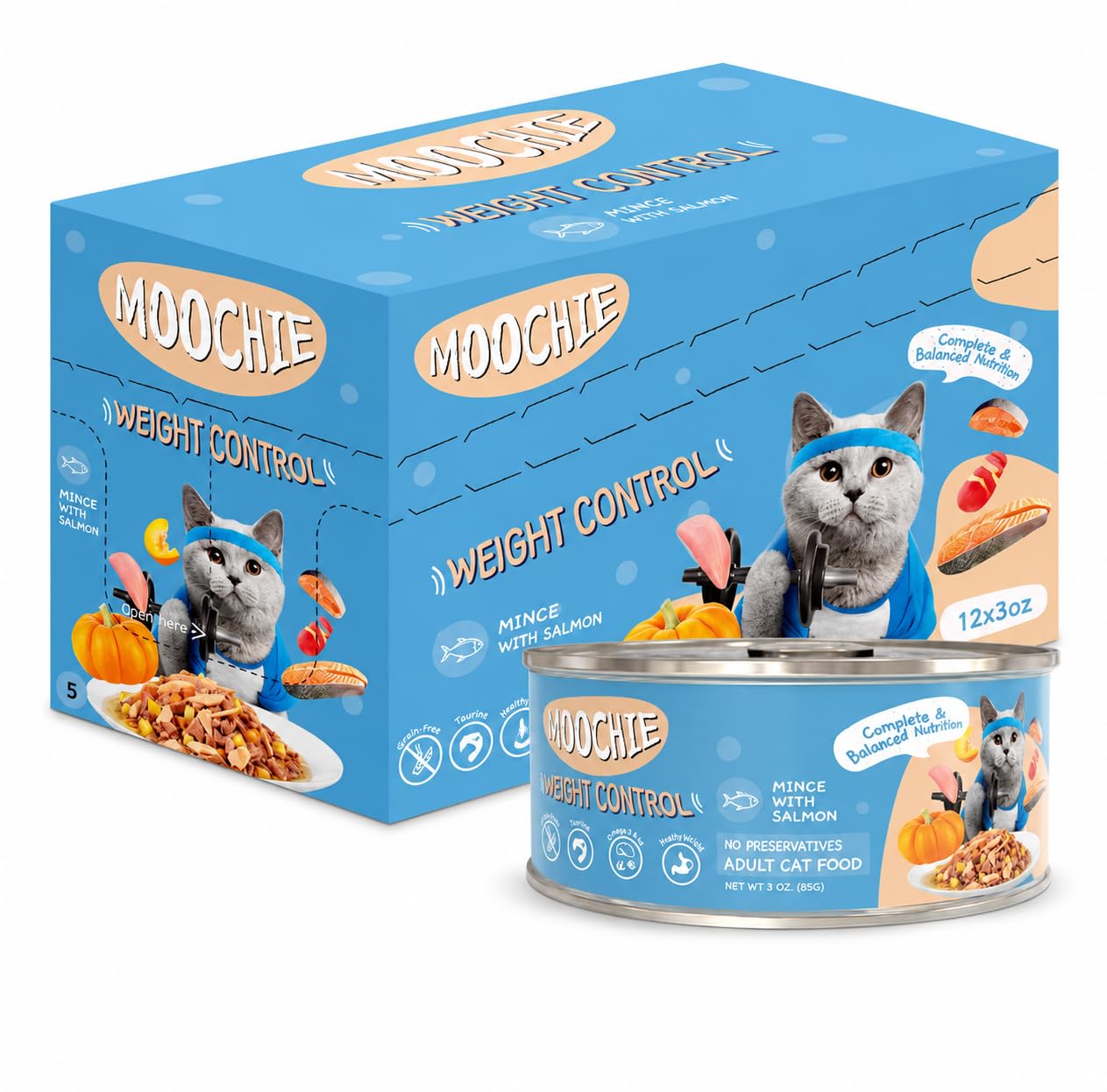 MOOCHIE boîte poulet et saumon vue avant montrant un choix savoureux et pratique