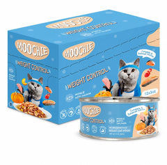 MOOCHIE boîte poulet et saumon vue avant montrant un choix savoureux et pratique