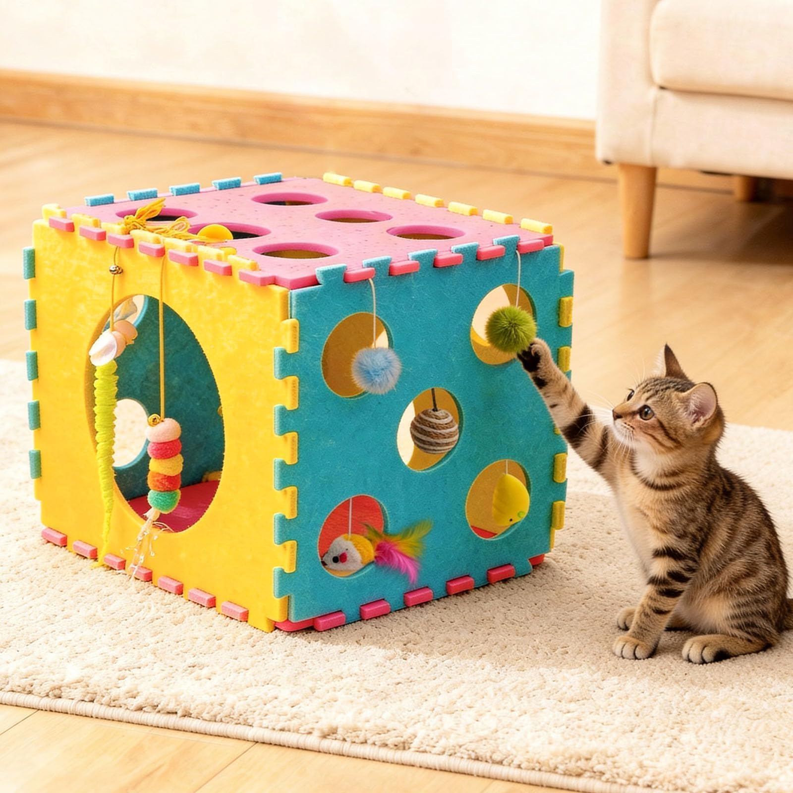 MOYMO chat utilisant la maisonnette pour se cacher et jouer