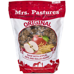 Mrs. Pastures sac 5 lb de friandises pour chevaux montrant l'emballage pratique