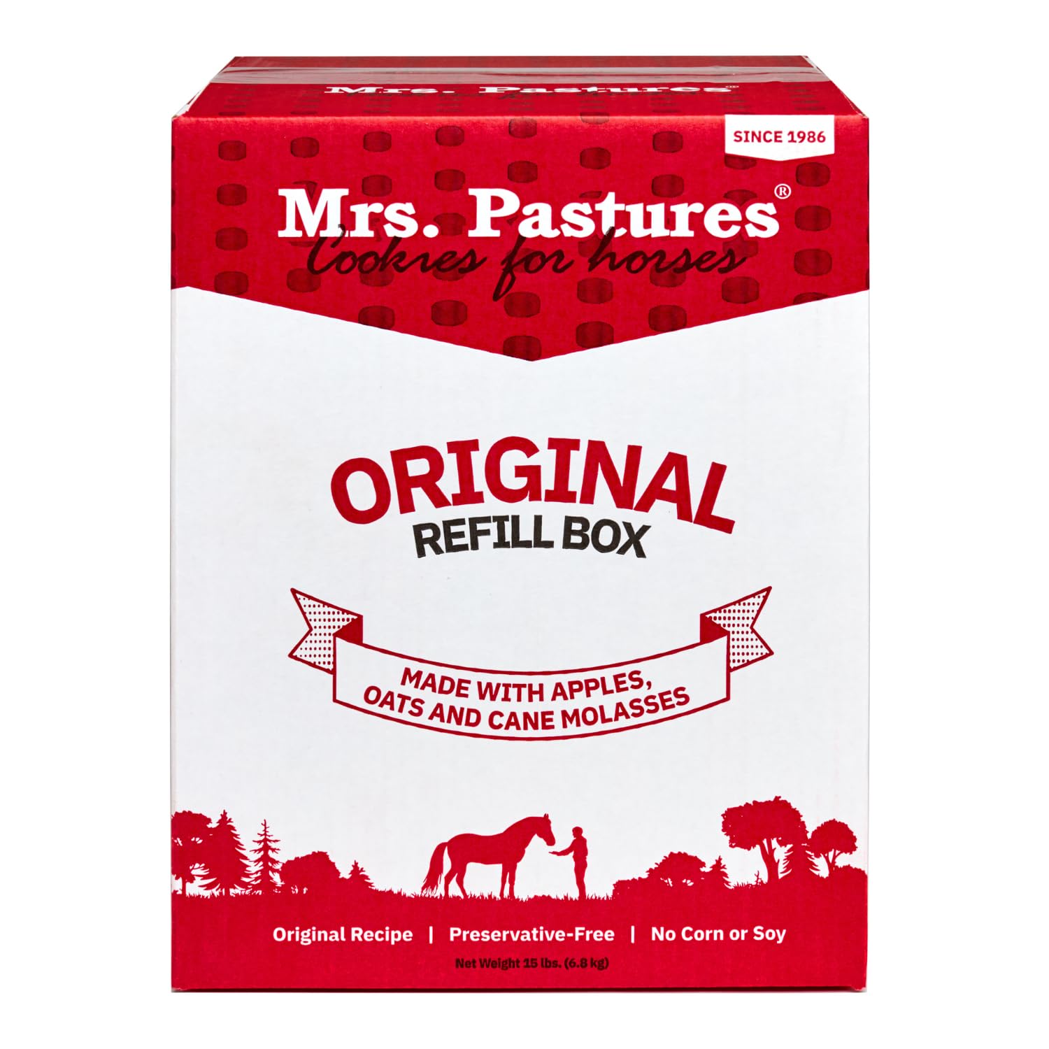 Mrs. Pastures face de la boîte 15 lb montrant capacité et praticité