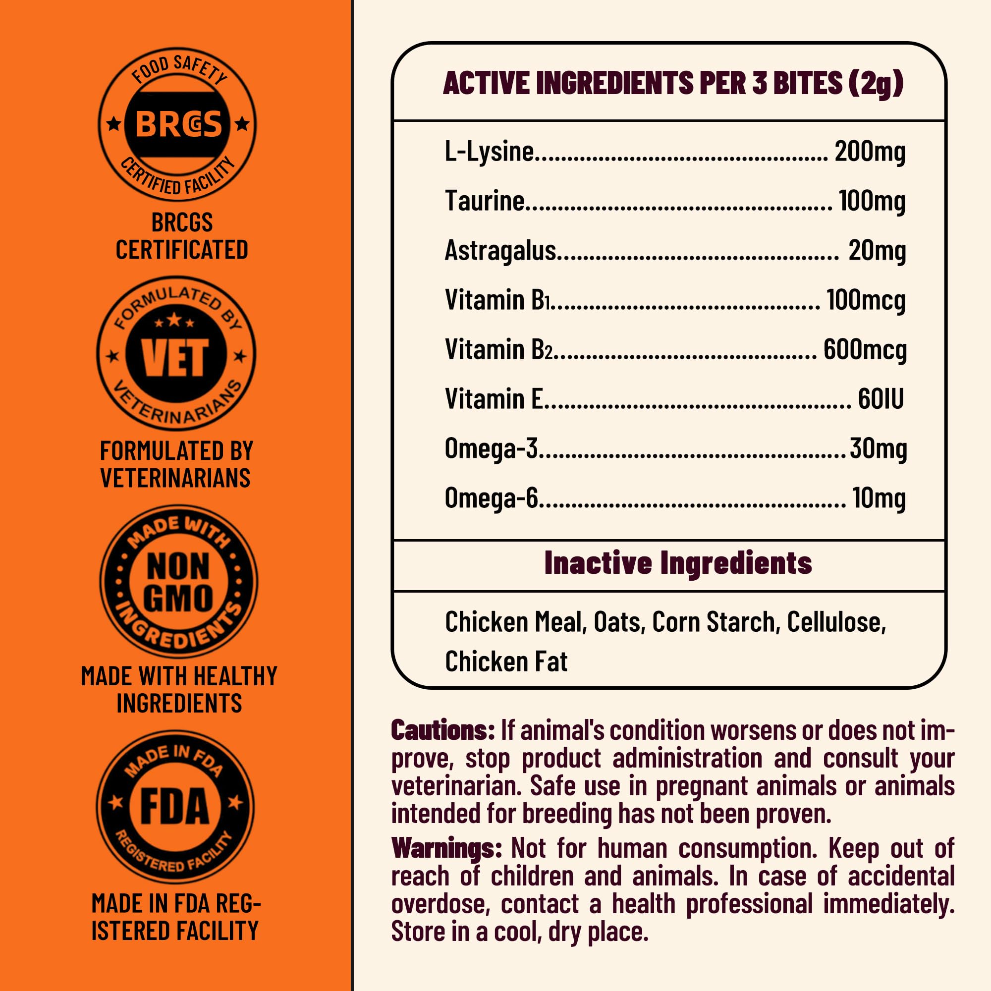 MULTIBITES ingrédients naturels alignés : lysine taurine oméga‑3