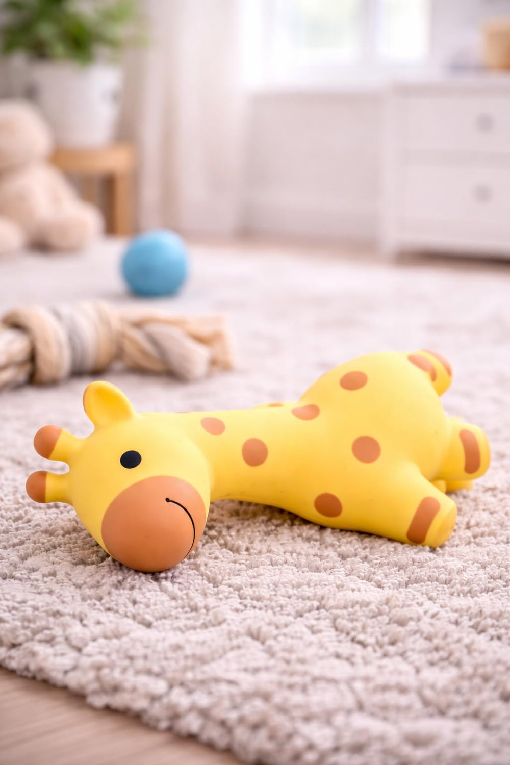 Multipet girafe posée dans un salon montrant jouet adapté au quotidien