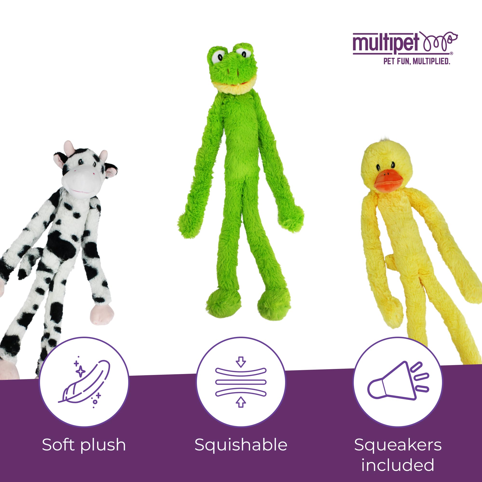 Multipet Swingin' Slevin Frog tenu en mains et pattes pour jouer, facilite la prise