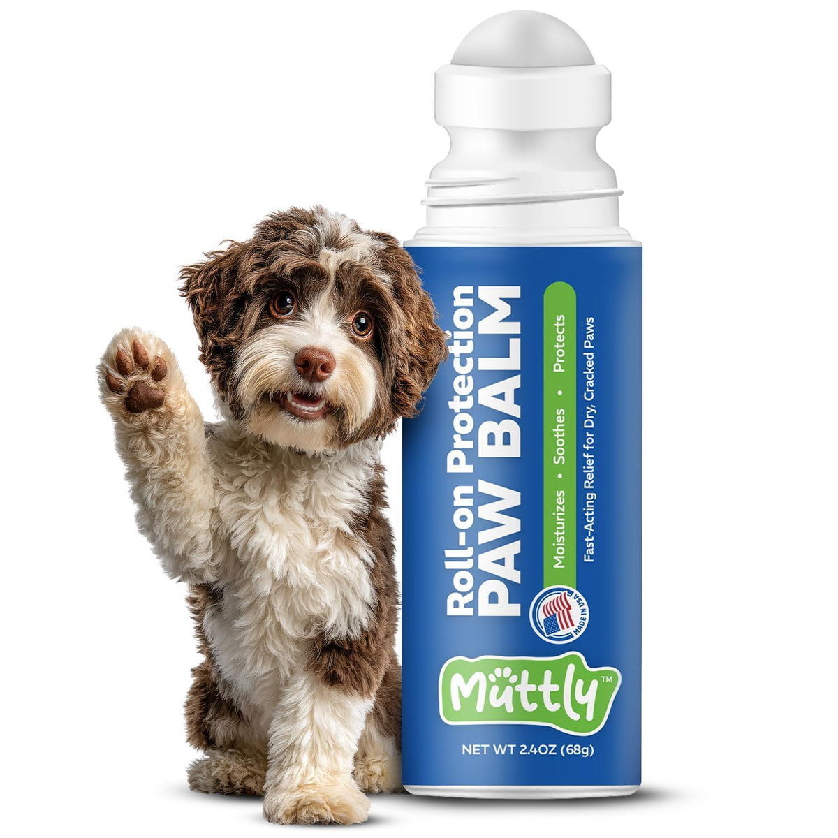 Muttly emballage roll-on pour pattes montrant protection instantanée