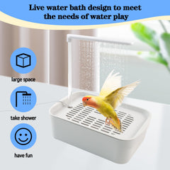 MUYG bain installé dans une cage avec un oiseau profitant de la douche