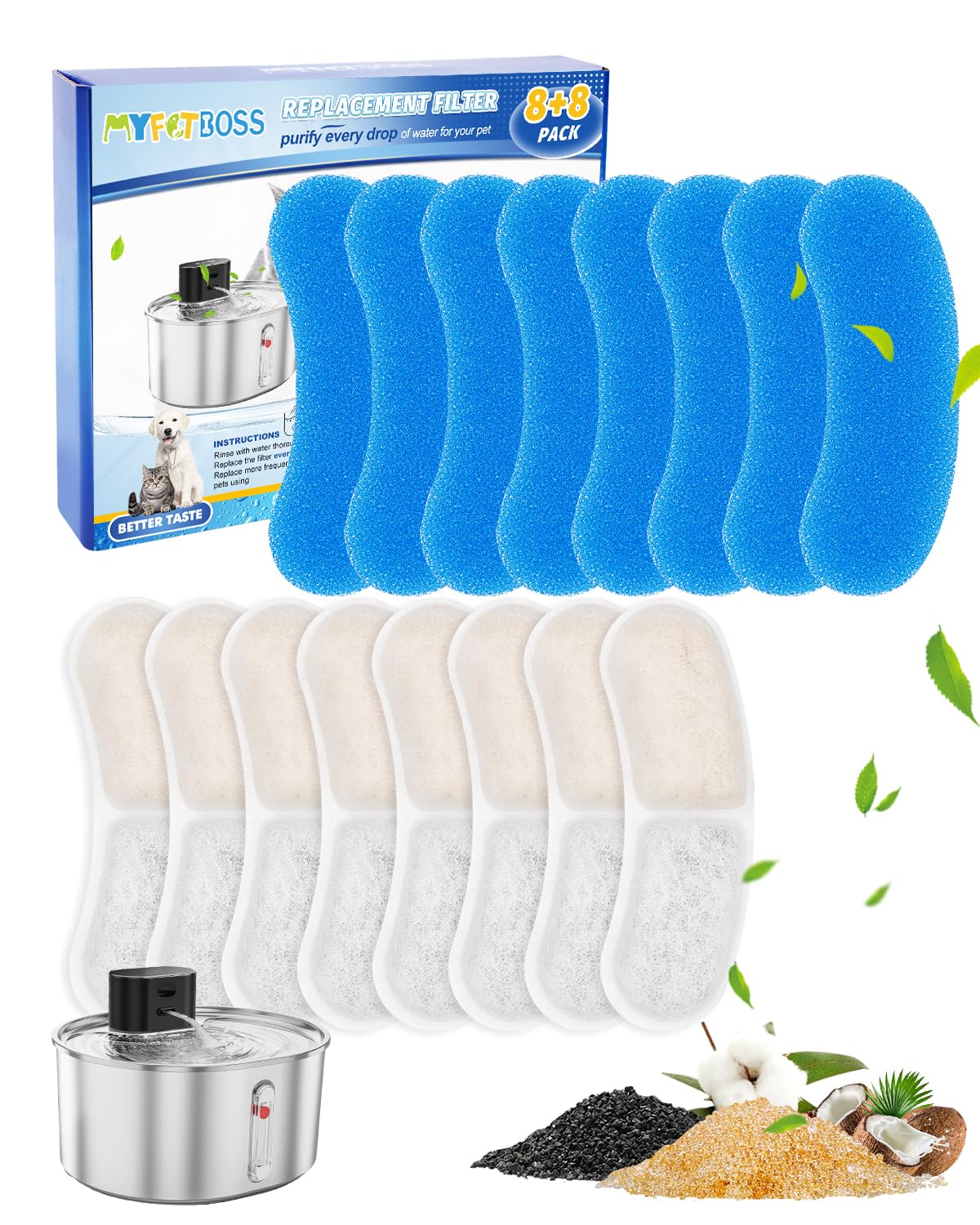 MyfatBOSS emballage avant montrant 8 filtres et 8 éponges, facilite le stockage