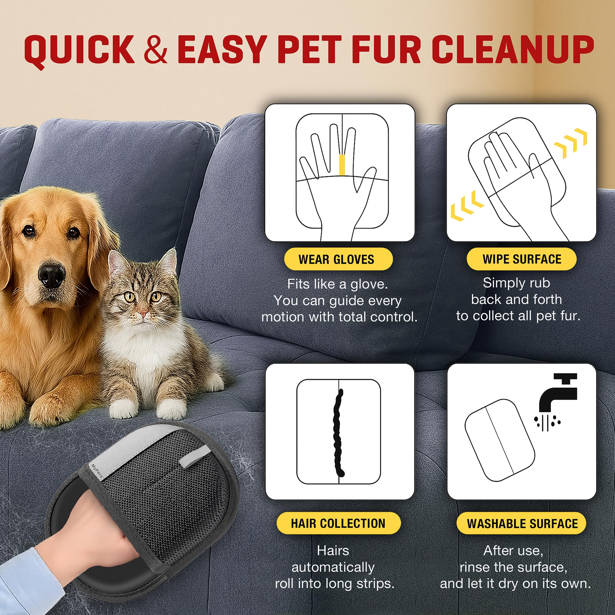 MyPera gant utilisé sur un chien, enlève poils sans irriter